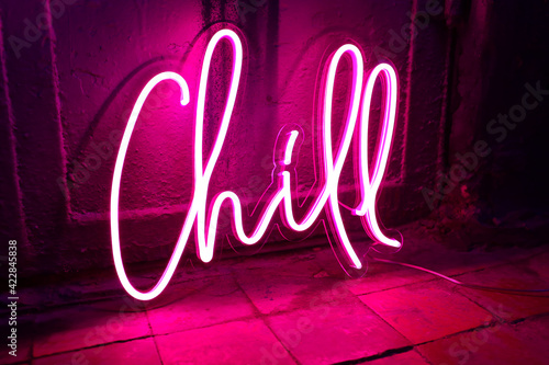 Pink neon sign chill. Trendy style. Neon sign. Custom neon. Home decor. photo