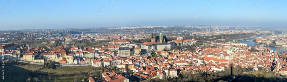 Panorama of Prague in sunlight of winter afternoon, Czech Republic.
