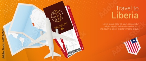 Travel to Liberia pop-under banner. Trip banner with passport, tickets, airplane, boarding pass, map and flag of Liberia.