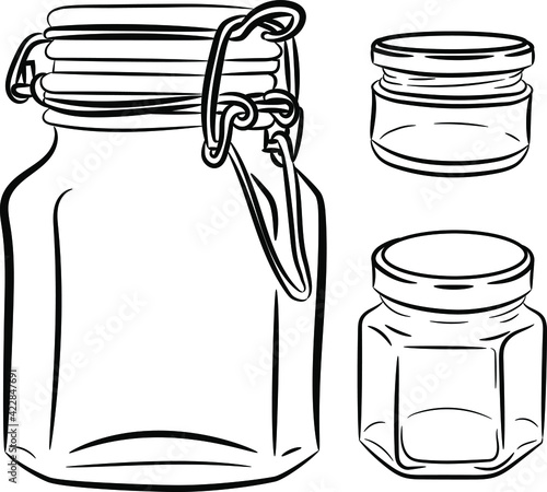 Glass jar. A set of drawings of cans, doodle style, sketch. Cans with a lid.
