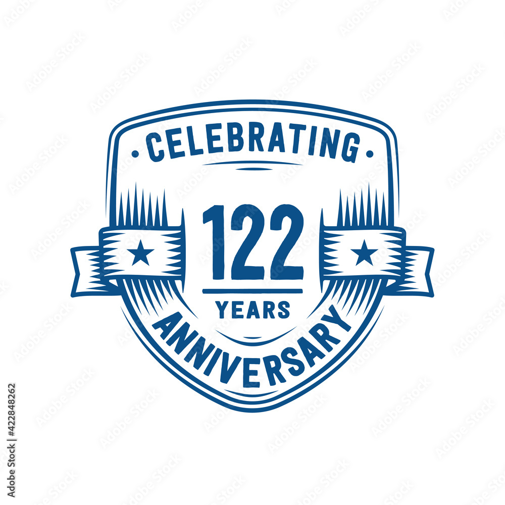 122 years anniversary celebration shield design template. 122nd anniversary logo. Vector and illustration.
122 years anniversary celebration shield design template. 122nd anniversary logo. Vector and illustration.