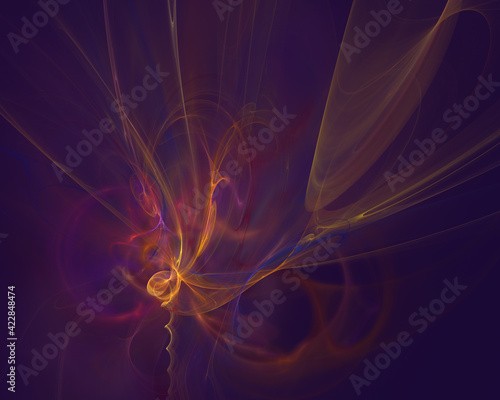 Red, yellow, blue and deep purple luminous curls in fictional digital illustration on dark violet background. Abstract silky substance with floral motives. Great as festive card, banner or flyer.