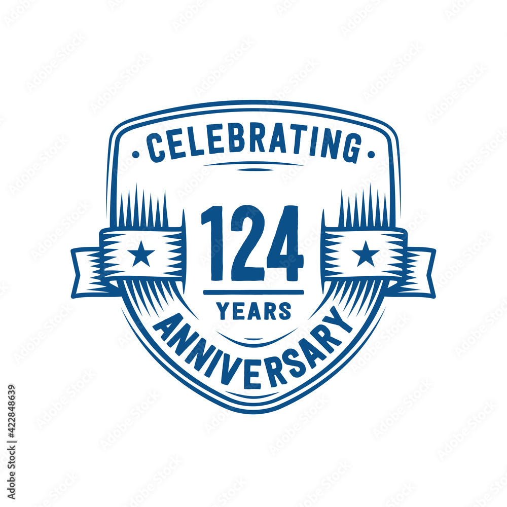 124 years anniversary celebration shield design template. 124th anniversary logo. Vector and illustration.
124 years anniversary celebration shield design template. 124th anniversary logo. Vector and illustration.