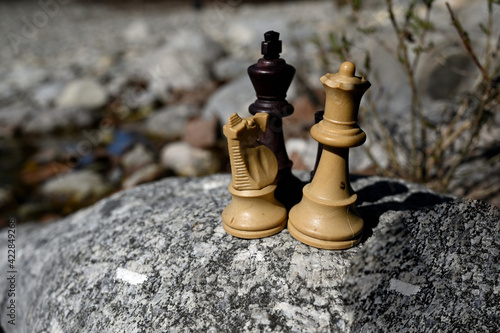 Chess pieces on a rock by the river
