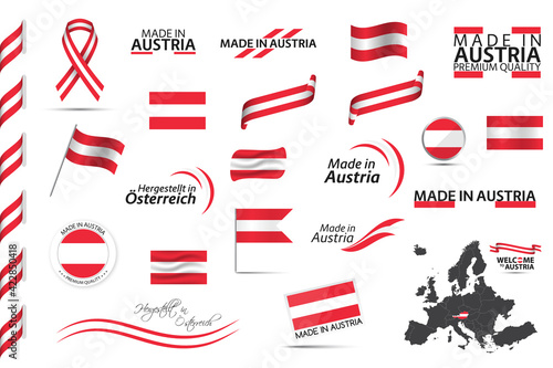 Big vector set of Austrian ribbons, symbols, icons and flags isolated on a white background. Made in Austria, premium quality, Austrian national colors. Set for your infographics and templates