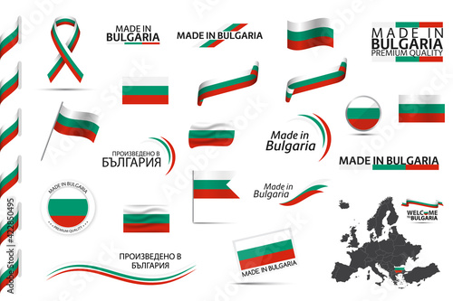 Big vector set of Bulgarian ribbons, symbols, icons and flags isolated on a white background. Made in Bulgaria, premium quality, Bulgarian national tricolor. Set for your infographics and templates