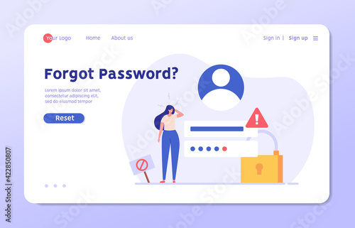 Woman forgot the password. Concept of forgotten password, key, account access, blocked access, protection, account security. Vector illustration in flat design for web page, landing, web banner