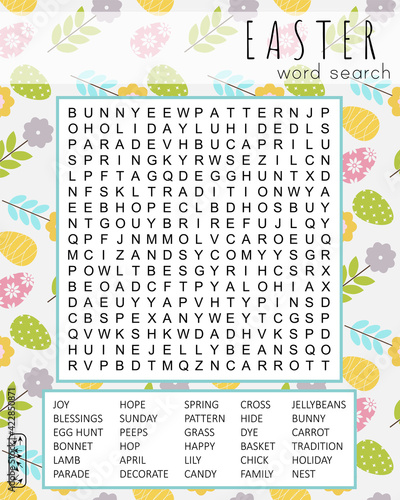 Easter word search puzzle. Educational game for kids. Funny holiday crossword. Festive colorful worksheet for learning English words. Vector illustration