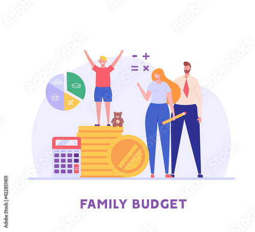 Family budget planning. Yong couple with child saving money and planning with piggy bank, calculator and coins. Concept of Family money, household finance. Vector illustration in flat cartoon design