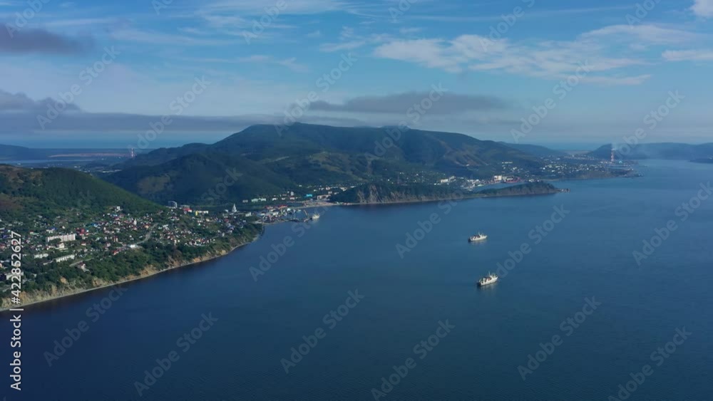 Aerial panorama view of Petropavlovsk-Kamchatsky City, Avacha Bay, Pacific Ocean and seaport. Russian Far East, Kamchatka Peninsula, 4k Aerial panorama view of Petropavlovsk-Kamchatsky City, Avacha Bay, Pacific Ocean and seaport. Russian Far East, Kamchatka Peninsula, 4k