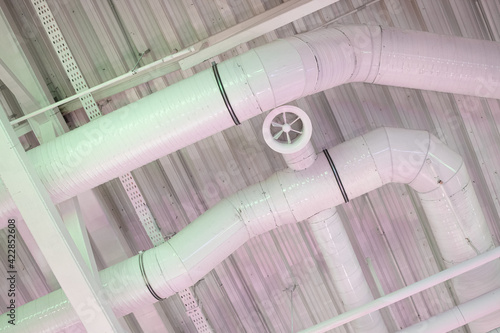 Air duct, wiring and plumbing in the mall. Air conditioner pipe, wiring pipe, and plumbing pipe system.
