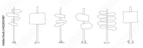 Wooden road signposts. Sketch illustration of road signs.