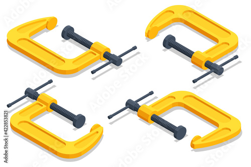 Isometric Clamp Tool or c-clamp isolated on white background.
