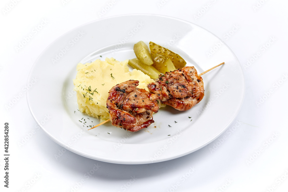 pork kebab with mashed potato and vegetables pork kebab with mashed potato and vegetables