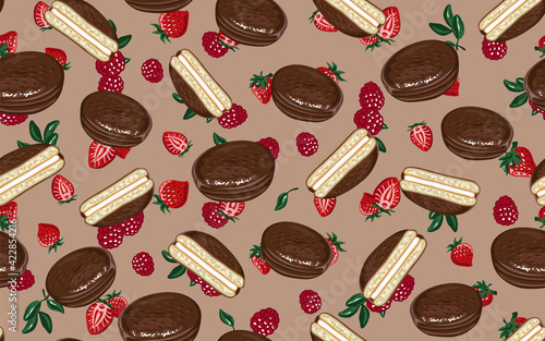 Seamless pattern with choco pie and strawberries, sweet dessert. Vector
