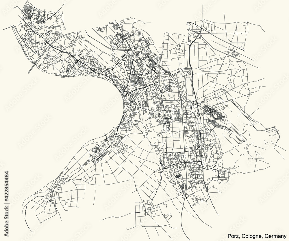 Black simple detailed street roads map on vintage beige background of the quarter Porz district of Cologne, Germany