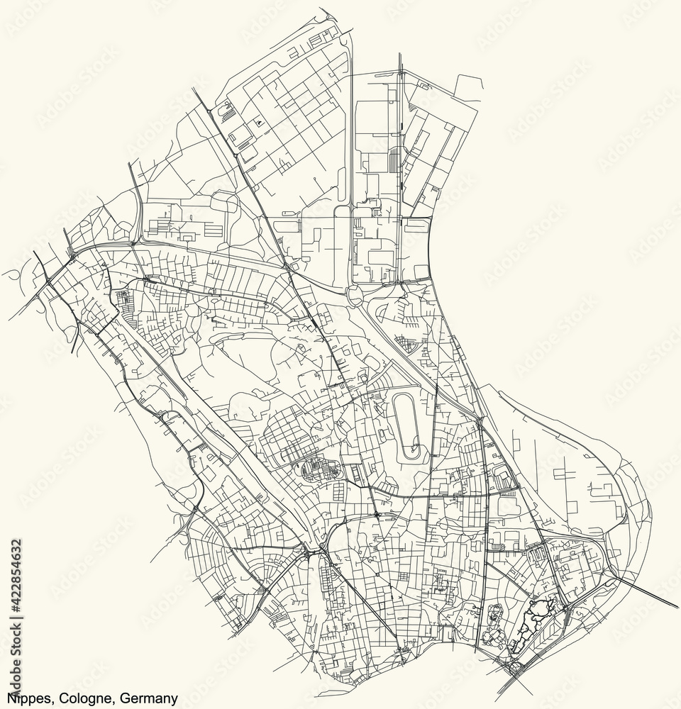 Black simple detailed street roads map on vintage beige background of the quarter Nippes district of Cologne, Germany