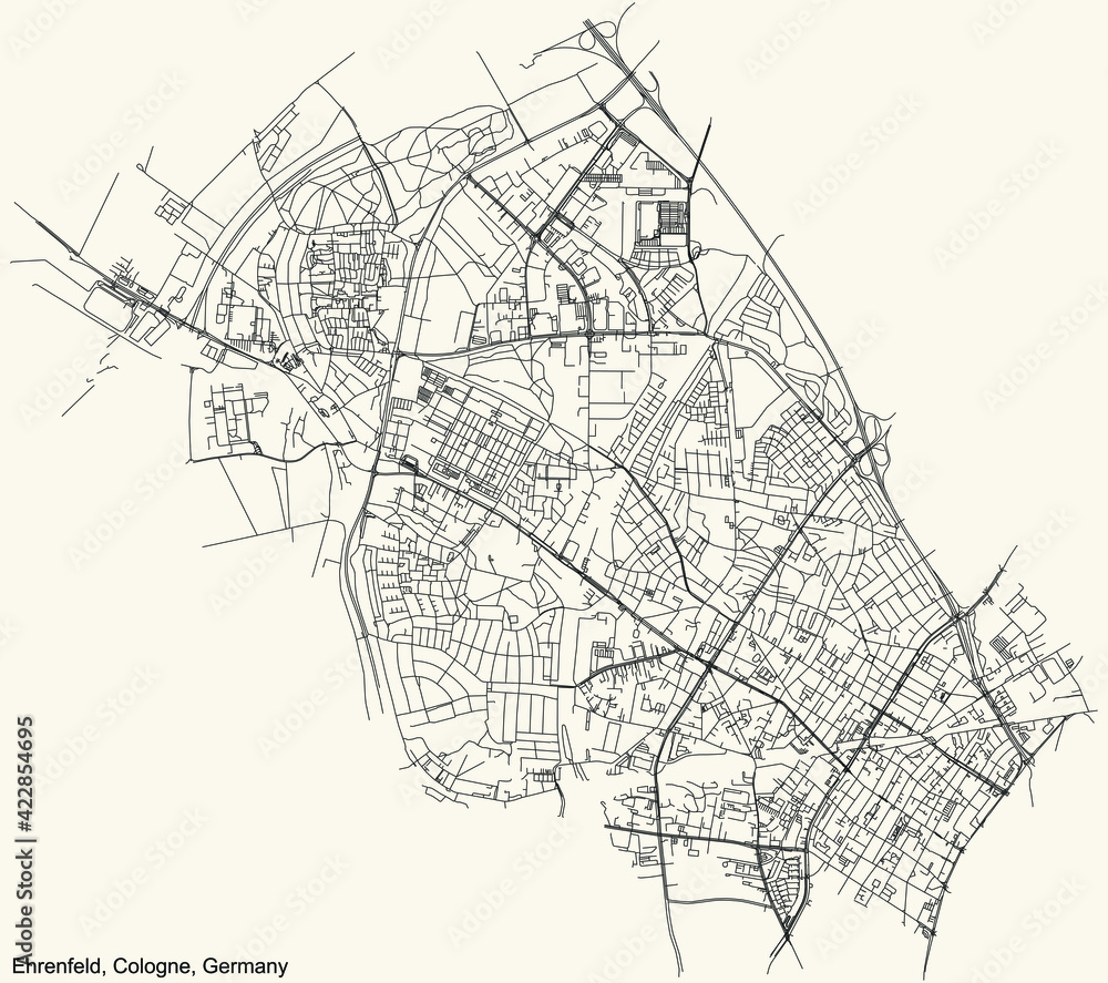 Black simple detailed street roads map on vintage beige background of the quarter Ehrenfeld district of Cologne, Germany