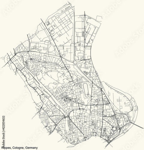 Black simple detailed street roads map on vintage beige background of the quarter Nippes district of Cologne, Germany