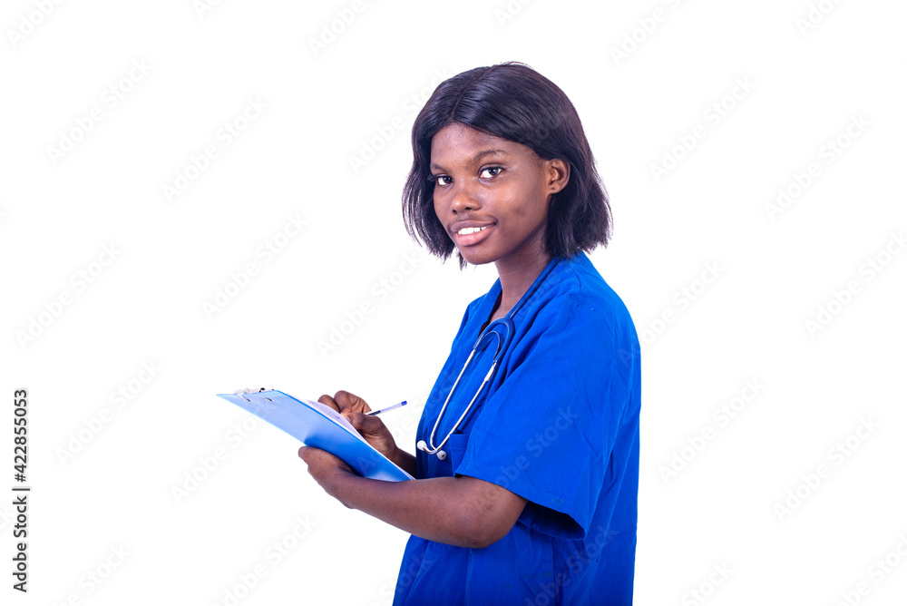 portrait of a young charming nurse with stethoscope and documents, smiling portrait of a young charming nurse with stethoscope and documents, smiling