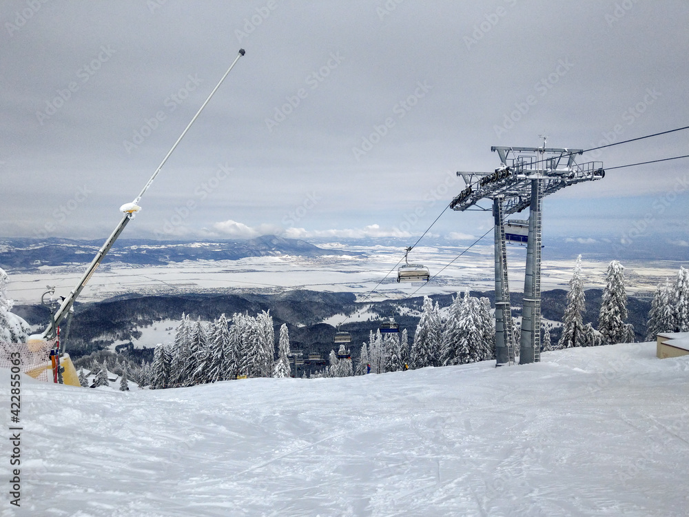 Image at a mountain resort on a sunny morning Image at a mountain resort on a sunny morning