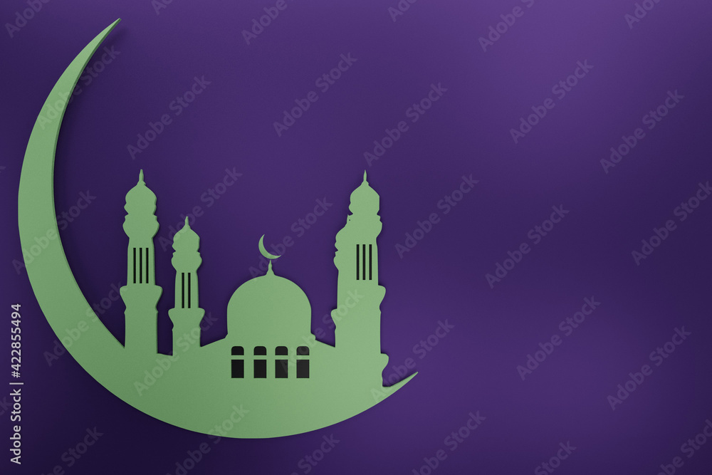 3D Rendering Of Moon Mosque, Purple Wall and Ramadhan Theme. Perfect For Background, Advertisement, Celebration, Discount, add Text, Template and Mock Up Object.
