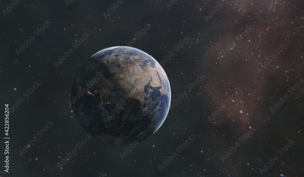 cgi render image of earth in space, some particles in the universe, day and night scene