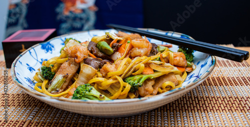 Yakisoba. Asian food with vegetables and pasta photo