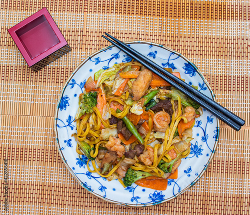 Yakisoba. Asian food with vegetables and pasta photo