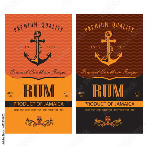 collection of rum labels with anchor and skull in retro style