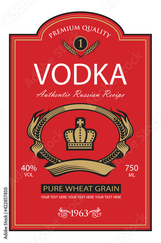 template vodka label with royal crown and ears of wheat in retro style