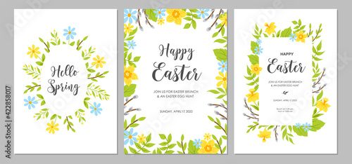Happy Easter cards set with narcissus flowers, pussy willow and green leaves border. Vector illustration.