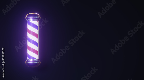 Rotating barbershop pole with shiny caps glowing isolated on a dark background; 3d rendering 4k footage. Barbershop business advertising with copy space blocks. Isolated spiral pole. 