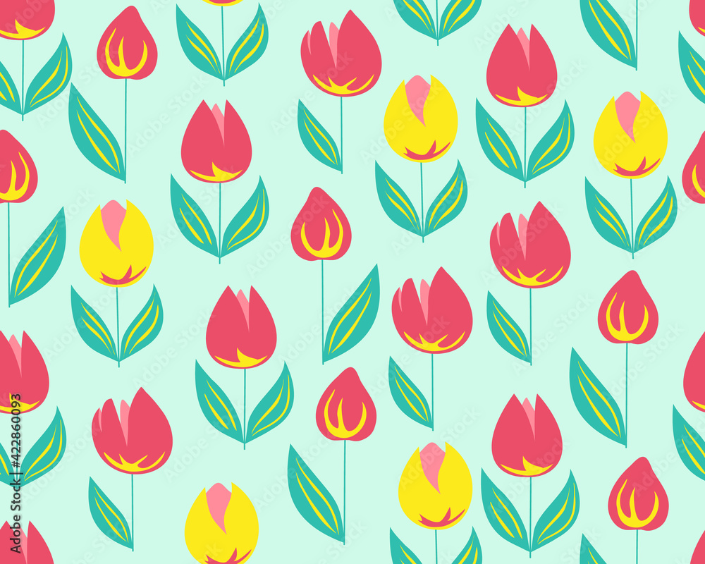 Tulips spring summer floral Seamless Pattern Floral natural universal pattern Pink scarlet yellow tulip on a light mint background pastel shades Vector illustration