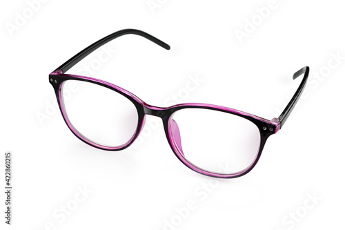 Vision glasses, plastic-framed, with transparent optics, on a white background