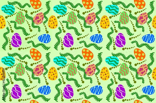 Bright repeating pattern of colored eggs on a light green background for holy easter
