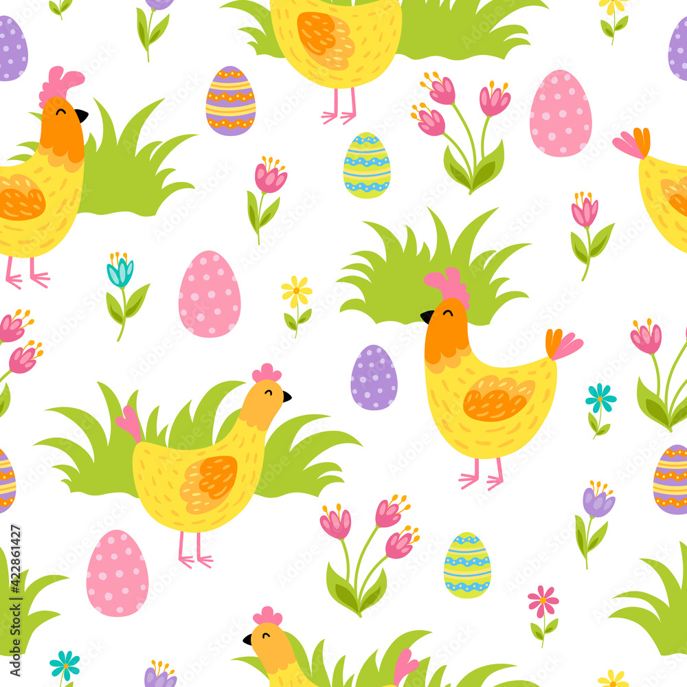 Easter seamless pattern with chickens, grass, eggs and flowers on white background. Vector illustration. Easter seamless pattern with chickens, grass, eggs and flowers on white background. Vector illustration.