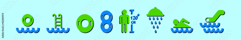 set of water park cartoon icon design template with various models. vector illustration isolated on blue background set of water park cartoon icon design template with various models. vector illustration isolated on blue background