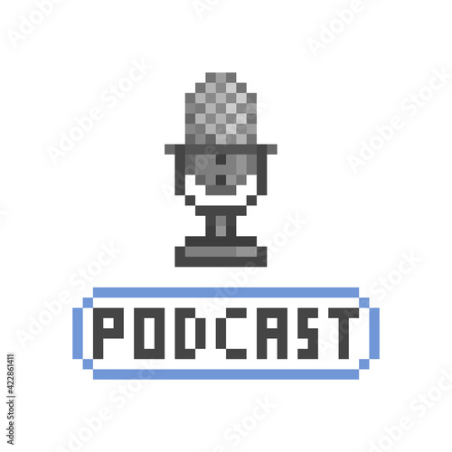 Black podcast microphone, 8 bit pixel art icon isolated on white background. Old school vintage retro 80s, 90s slot machine/video game graphics.