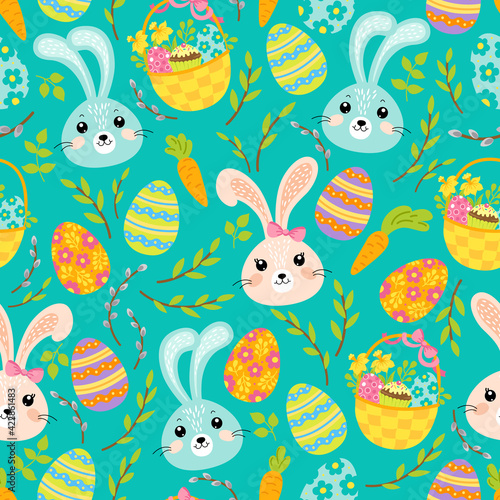 Easter seamless pattern with bunnies, basket, eggs, carrots, pussy willow and brunches. Vector illustration.