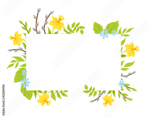 Easter frame with narcissus flowers, pussy willow and green leaves. Spring floral border with place for text. Vector illustration.