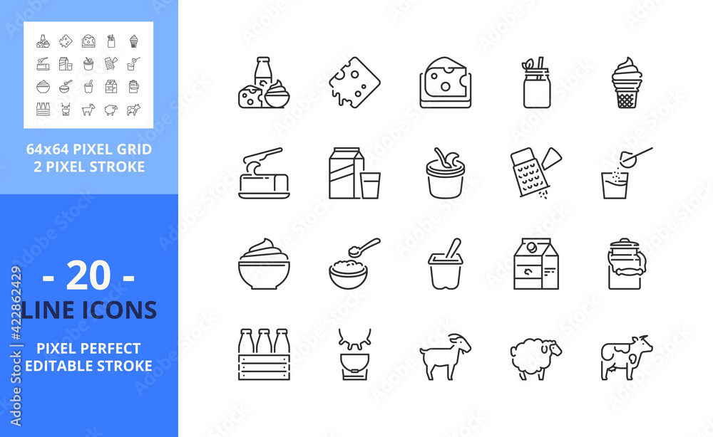 Line icons about dairy products. Pixel perfect 64x64 and editable stroke Line icons about dairy products. Pixel perfect 64x64 and editable stroke