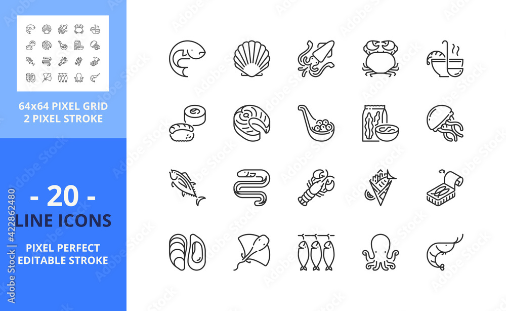 Line icons about seafood. Pixel perfect 64x64 and editable stroke