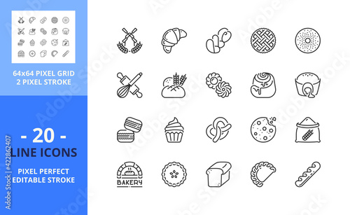 Line icons about bakery. Pixel perfect 64x64 and editable stroke