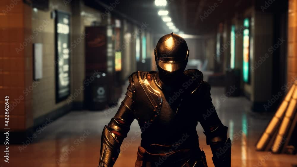 Ancient metal armored knight in metro subway Ancient metal armored knight in metro subway