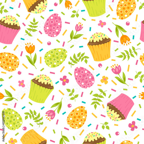 Easter seamless pattern with cakes, eggs and flowers. Colorful sweets on white background. Vector illustration.