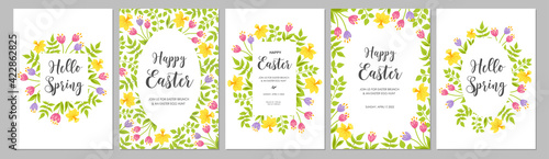 Happy Easter cards set with flowers tulips, narcissus and leaves. Floral spring frames, borders with place for text. Vector illustration.