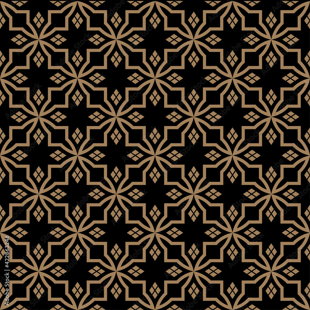 Abstract of rhombus style pattern. Design floral tile gold on black background. Design print for illustration, texture, textile, wallpaper, background. Abstract of rhombus style pattern. Design floral tile gold on black background. Design print for illustration, texture, textile, wallpaper, background.