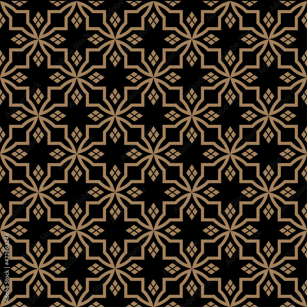 Abstract of rhombus style pattern. Design floral tile gold on black background. Design print for illustration, texture, textile, wallpaper, background.