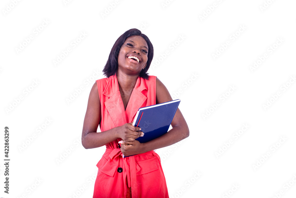 beautiful young happy businesswoman holding folders. beautiful young happy businesswoman holding folders.